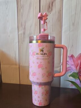 Stanley Pink LoveShackFancy Ibiza Sunset Floral 40oz Tumbler Ribbon Straw Topper